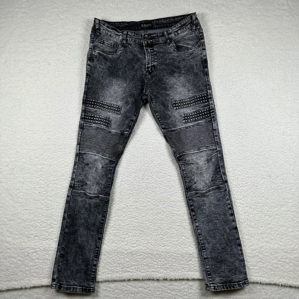 Black Premium Moto Skinny Flex Jeans Men 34x32 Acid Wash Biker Ribbed Streetwear